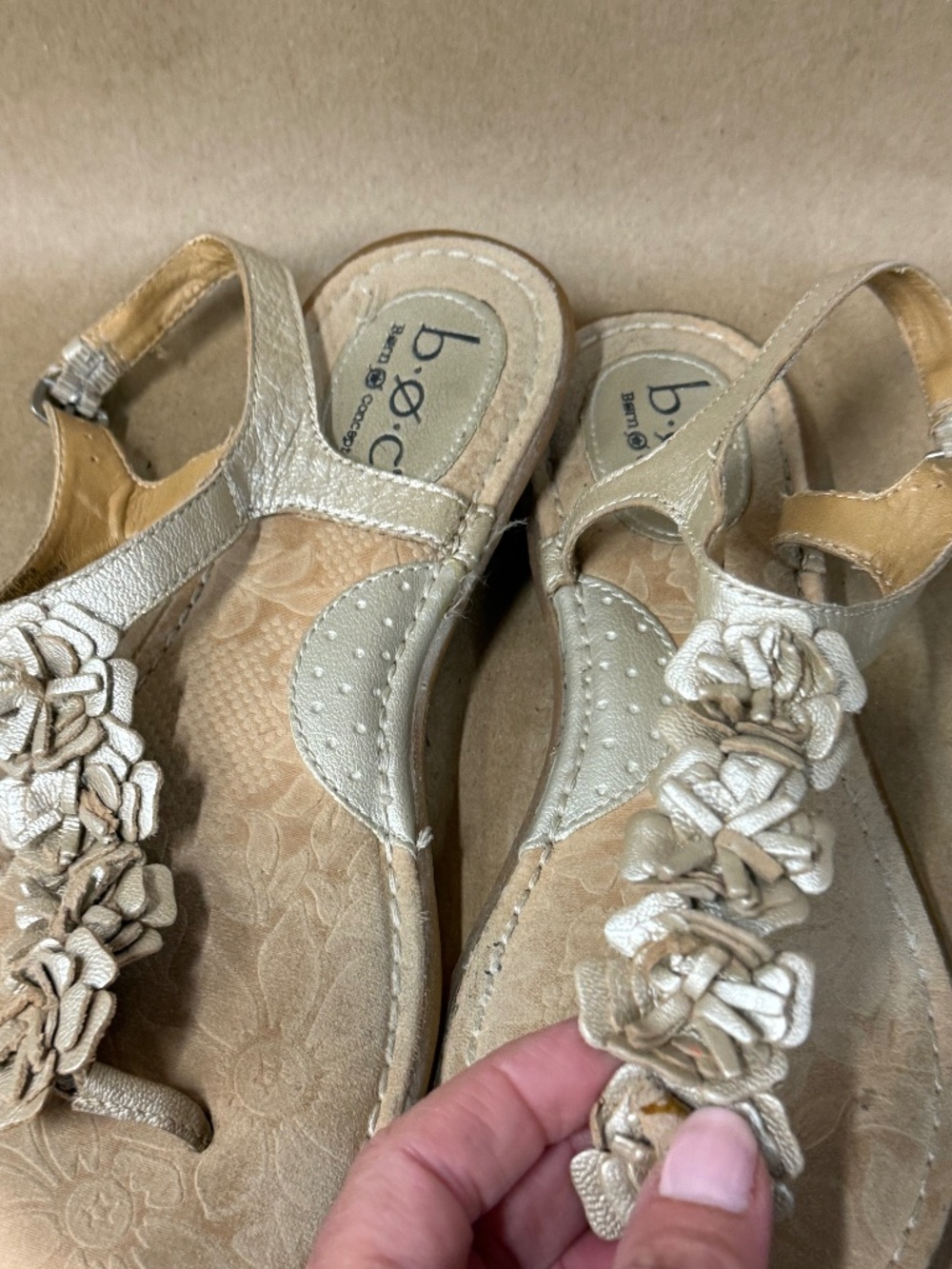 B.O.C.  Born Sandals Champaign leather flowers on straps  size 8